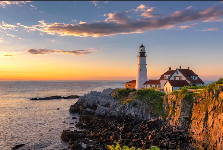 Portland Head Lighthouse at sunrise in Portland, Maine, USA