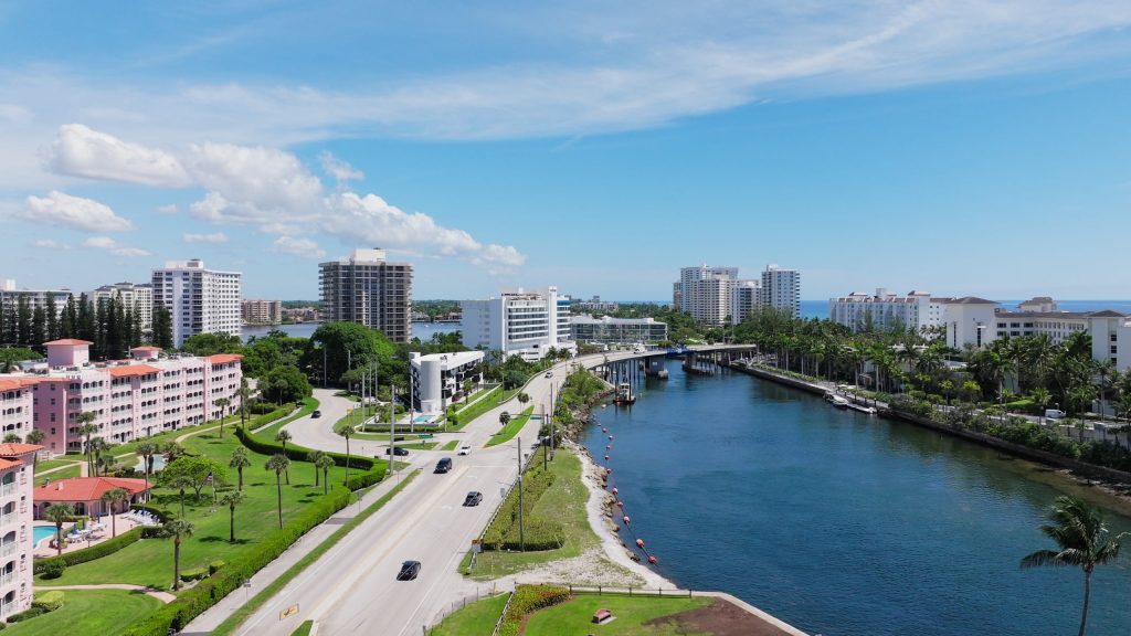 Palm-Lined Boulevard with Drawbridge over Atlantic Intracoastal Waterway, Boca Raton, Florida